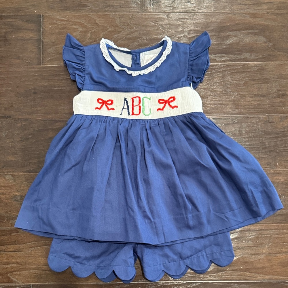 Blue Ruffled Dress with ABC Embroidery